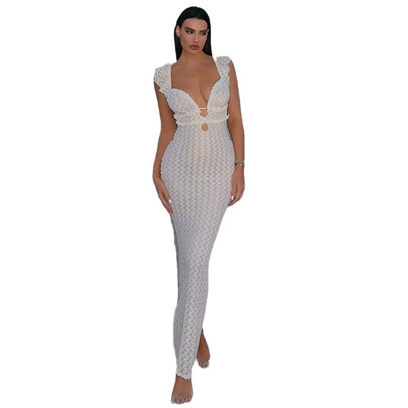 Damen figurbetontes Spitzenkleid mit tiefem V-Ausschnitt und Rüschendetails Nord Taschen