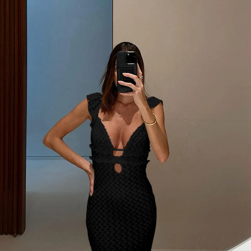 Damen figurbetontes Spitzenkleid mit tiefem V-Ausschnitt und Rüschendetails Nord Taschen