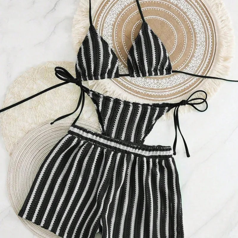 Damen Bikini-Set mit gerafftem Oberteil und hoch taillierten Shorts