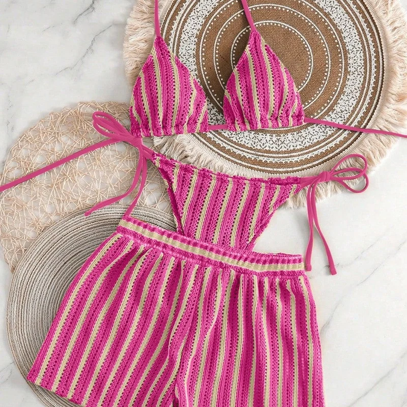 Damen Bikini-Set mit gerafftem Oberteil und hoch taillierten Shorts