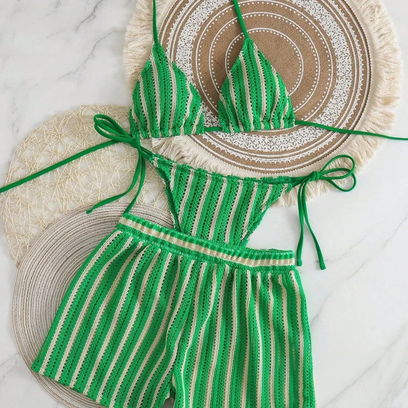 Damen Bikini-Set mit gerafftem Oberteil und hoch taillierten Shorts