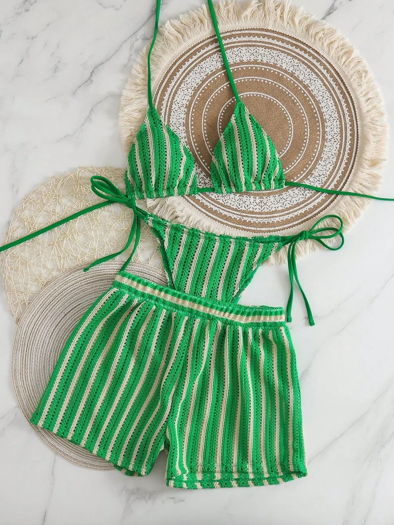 Damen Bikini-Set mit gerafftem Oberteil und hoch taillierten Shorts