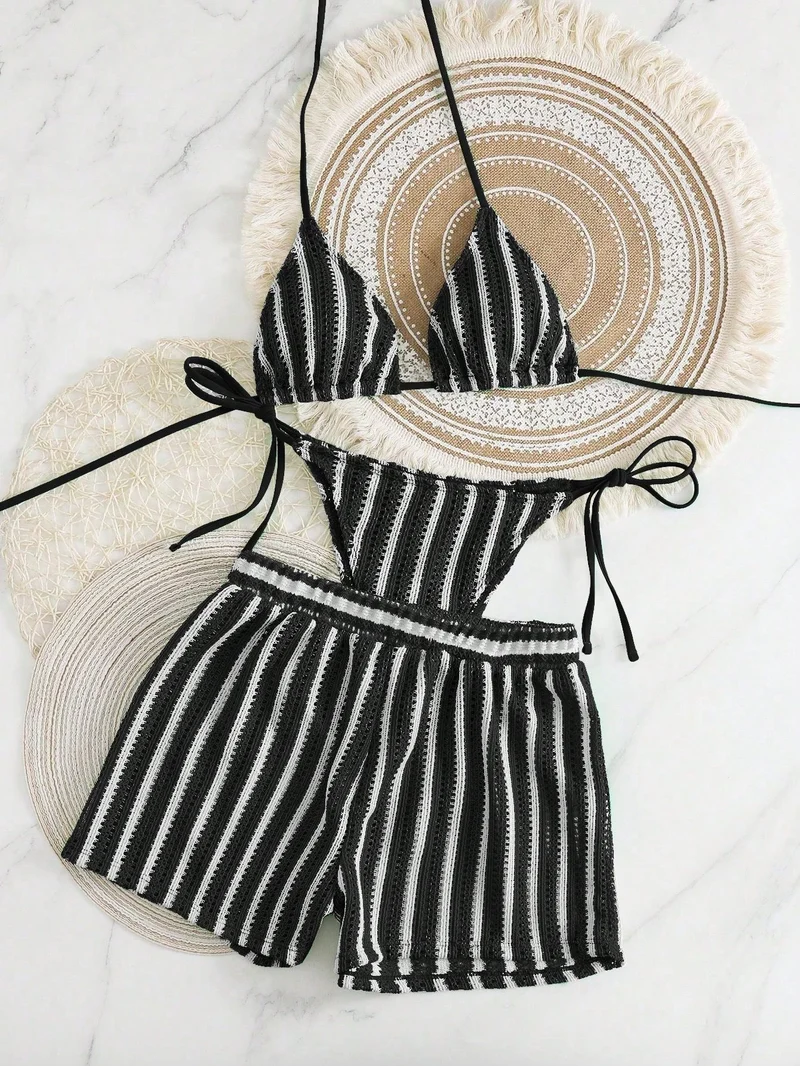 Damen Bikini-Set mit gerafftem Oberteil und hoch taillierten Shorts