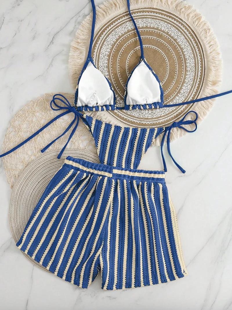 Damen Bikini-Set mit gerafftem Oberteil und hoch taillierten Shorts