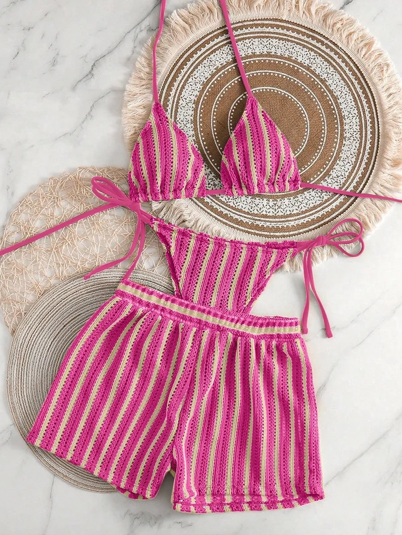 Damen Bikini-Set mit gerafftem Oberteil und hoch taillierten Shorts