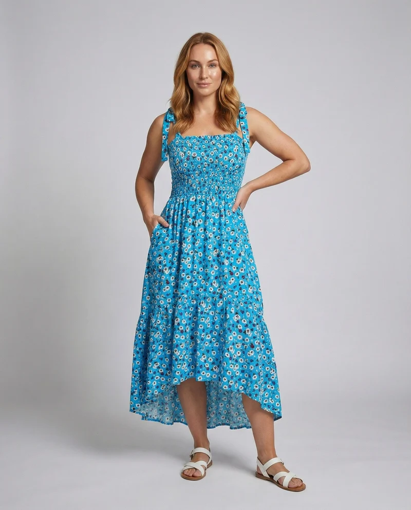 Damen nan gNord Taschenlümtes Maxikleid mit elastischem Oberteil, verstellbaren Bindeträgern und stufenartigem Tellerrock Nord Taschen