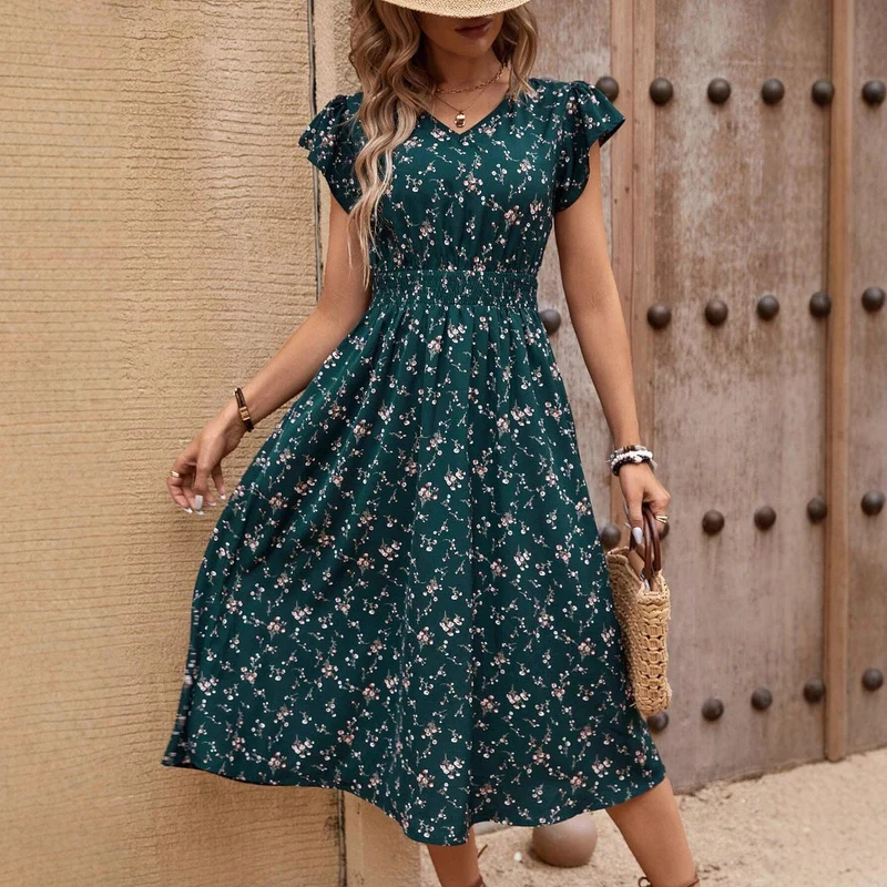 Damen Midikleid mit floralem Muster und Raffungen