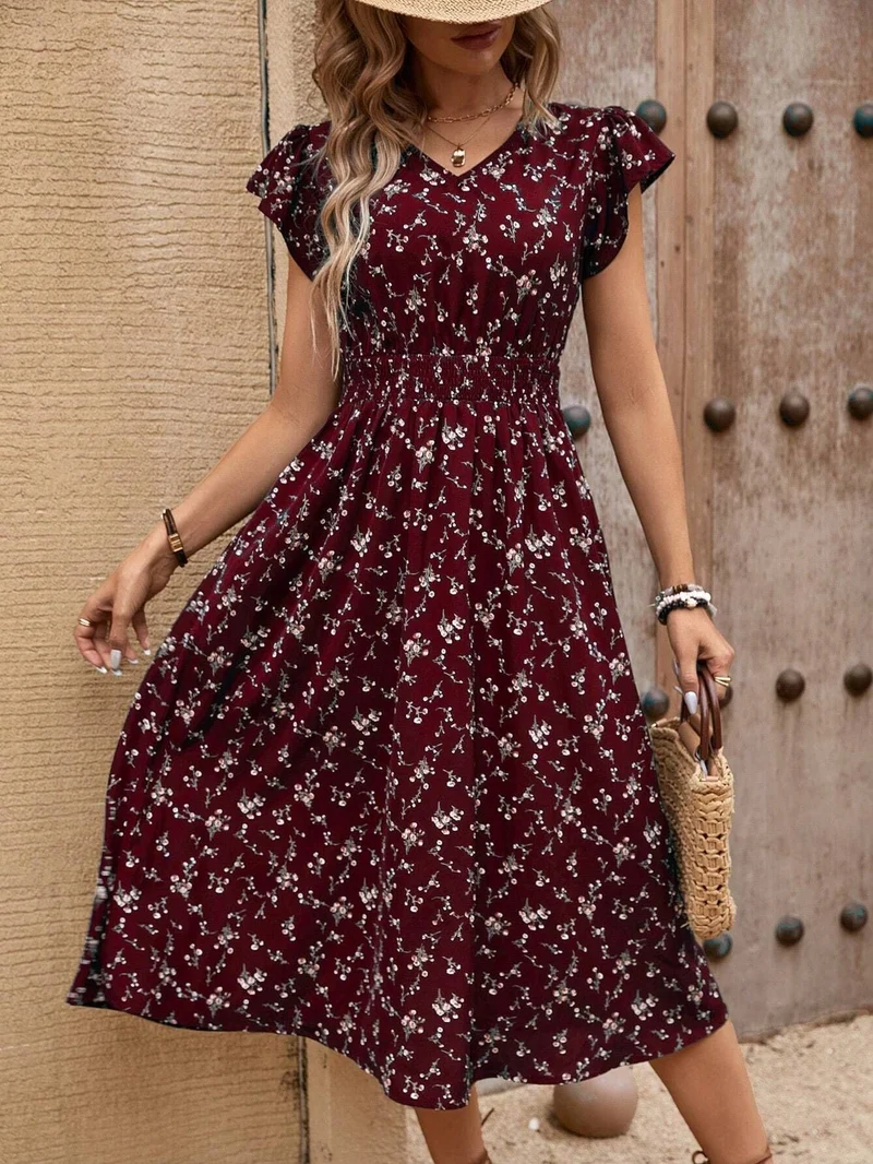 Damen Midikleid mit floralem Muster und Raffungen