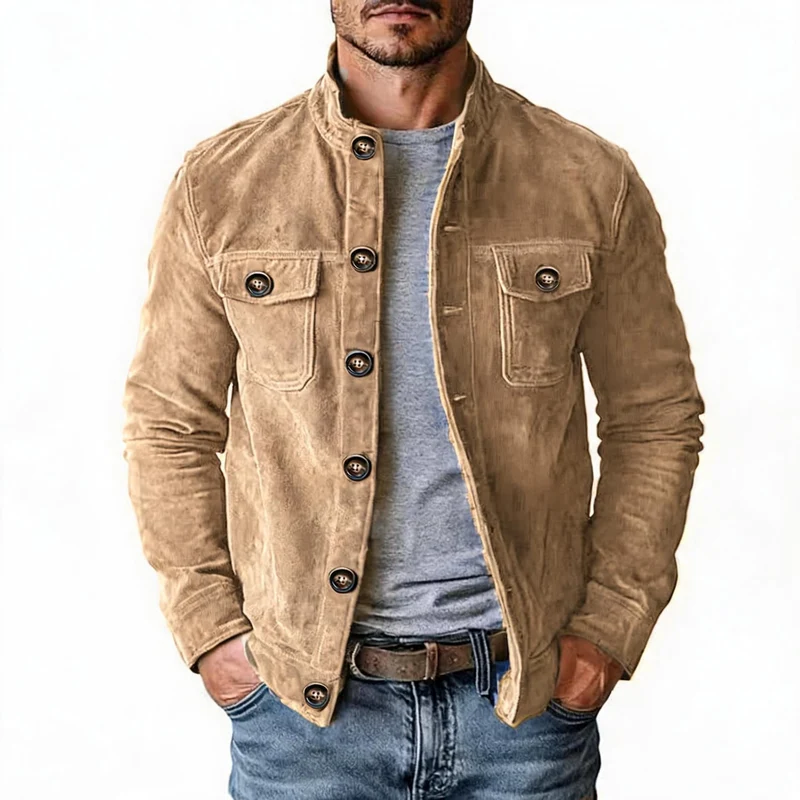Herren nan robuste Wildlederjacke mit Stehkragen und Knopfverschluss