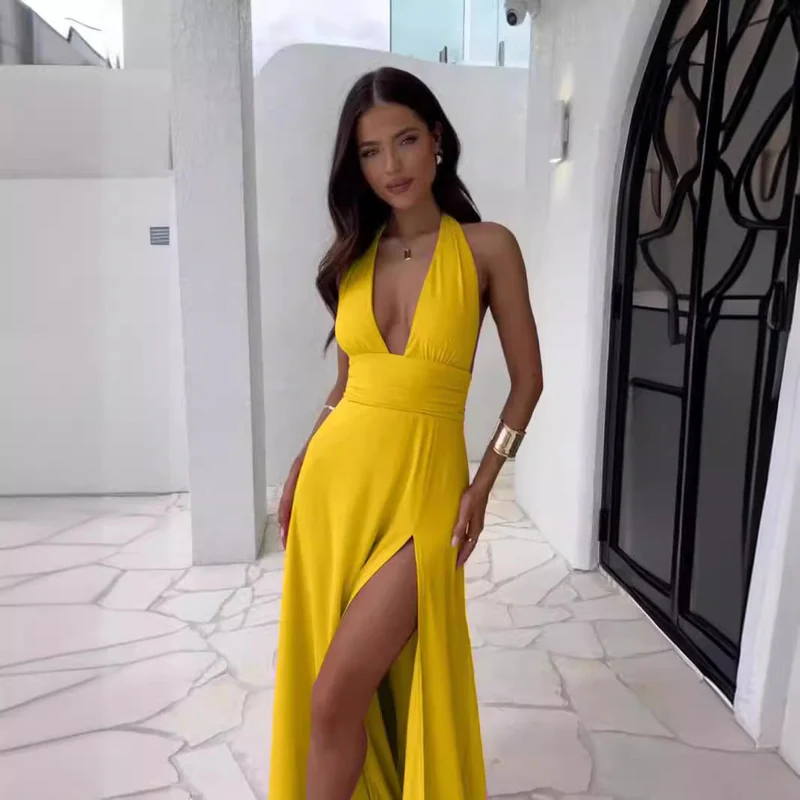 Damen elegantes Maxikleid mit tiefem V-Ausschnitt und seitlichem Schlitz