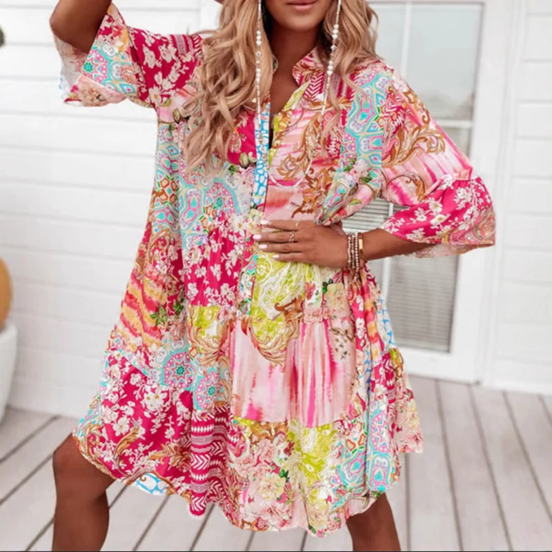 Damen nan Luftiges Stufenkleid im Patchwork-Boho-Stil mit Stehkragen, geraffter Taillennaht und Dreiviertelärmeln
