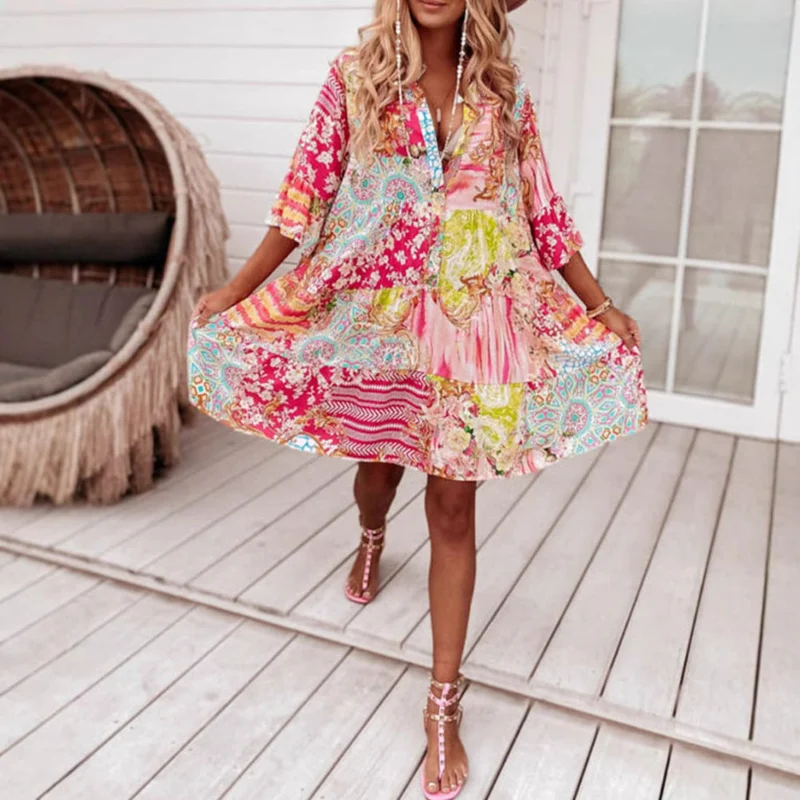 Damen nan Luftiges Stufenkleid im Patchwork-Boho-Stil mit Stehkragen, geraffter Taillennaht und Dreiviertelärmeln