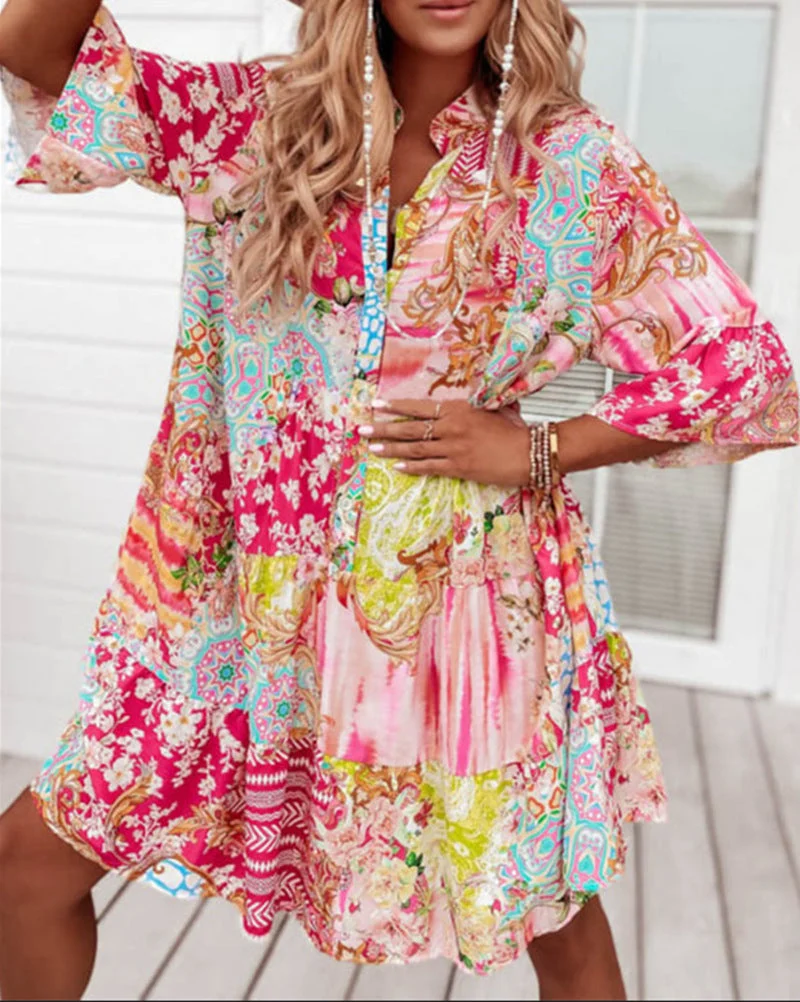 Damen nan Luftiges Stufenkleid im Patchwork-Boho-Stil mit Stehkragen, geraffter Taillennaht und Dreiviertelärmeln