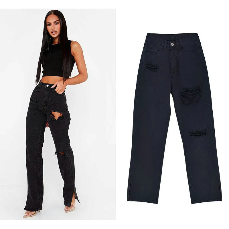 Damen lässige Ripped Jeans mit hoher Taille und modernen Fransen