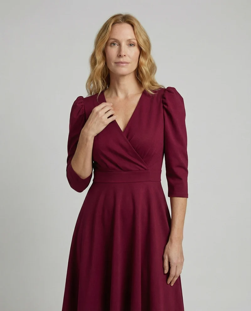 Damen Klassische Puffärmel Wickelkleid