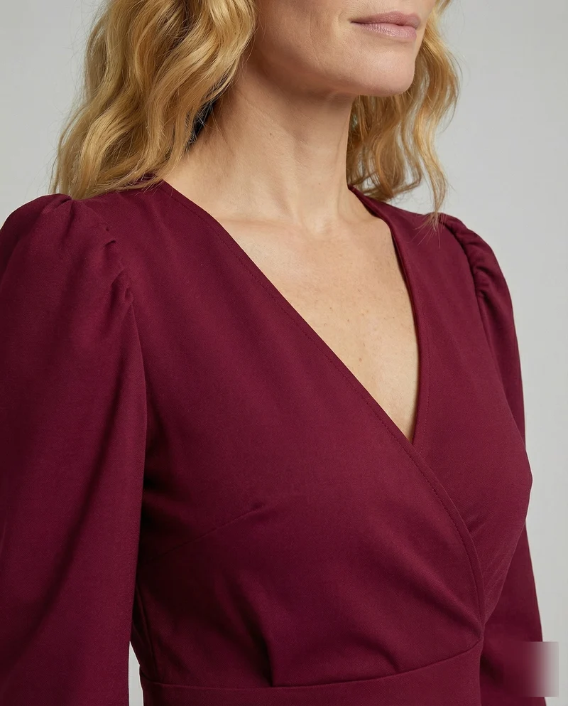 Damen Klassische Puffärmel Wickelkleid
