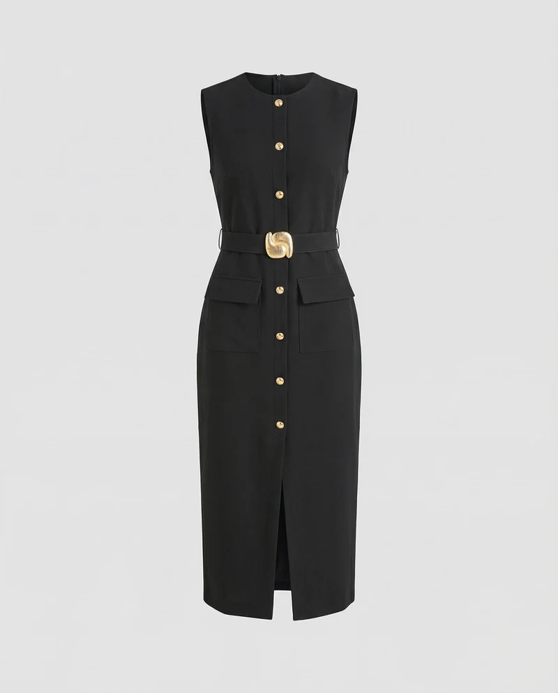 Damen nan ärmelloses Midikleid mit Zierknopfleiste, Taillengürtel und vorderlichem Beinschlitz