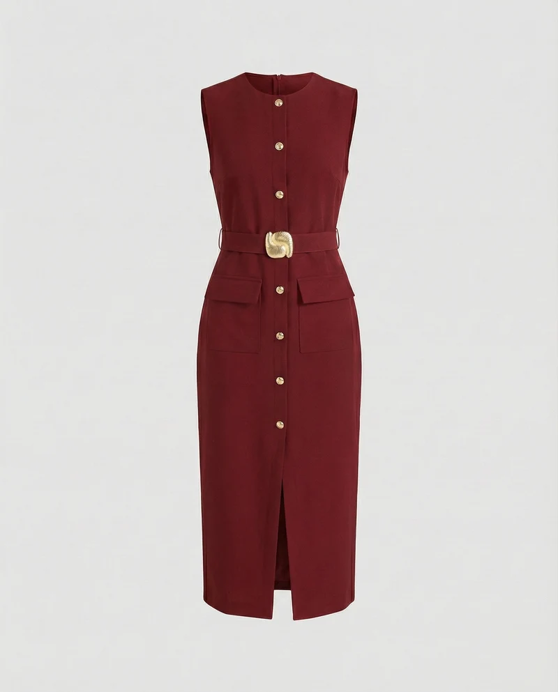 Damen nan ärmelloses Midikleid mit Zierknopfleiste, Taillengürtel und vorderlichem Beinschlitz