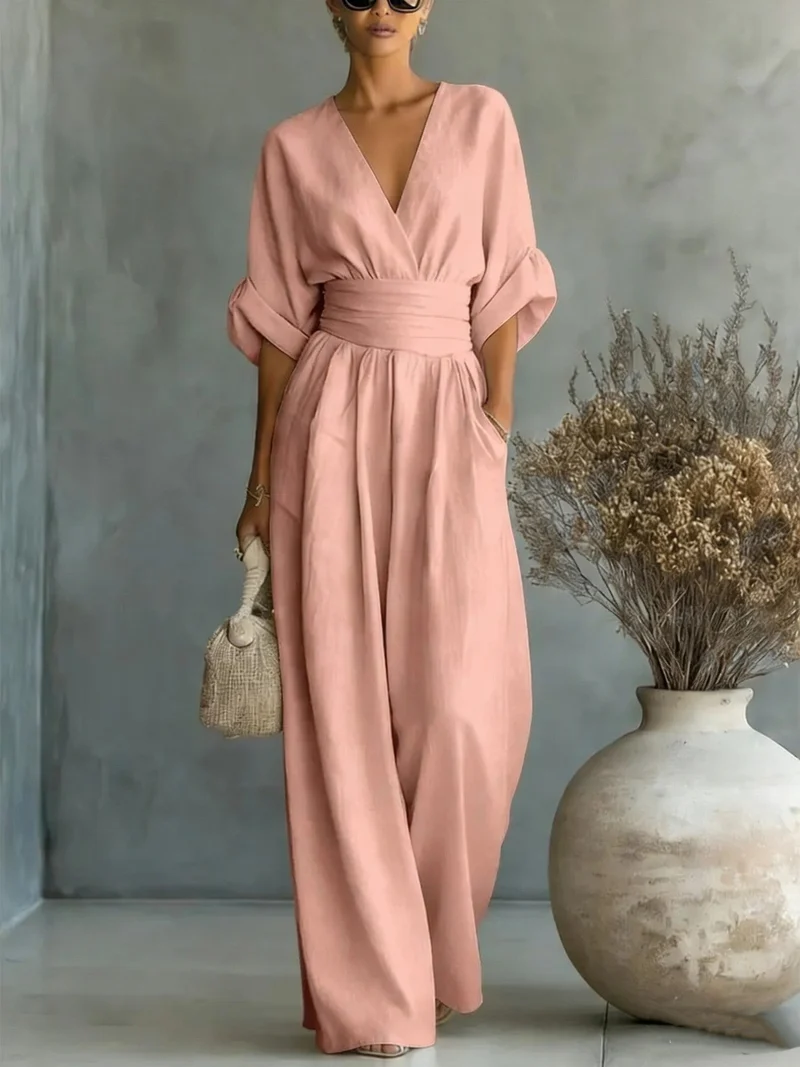 Damen Maxikleid mit V-Ausschnitt und Puffärmeln