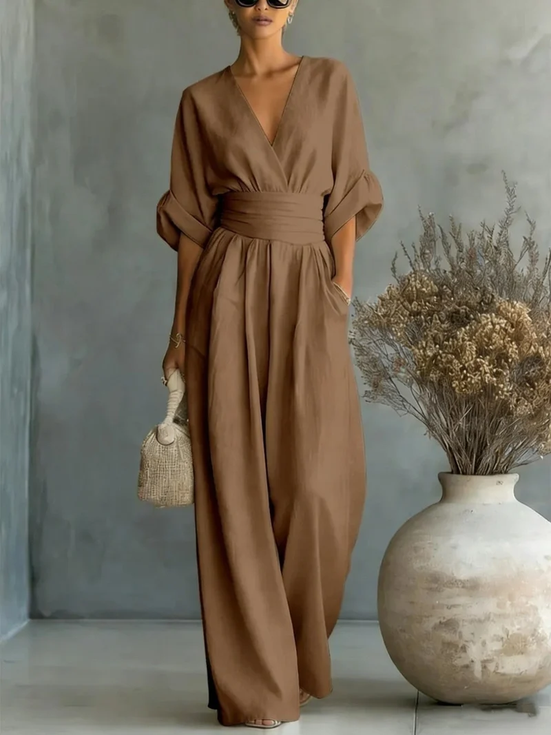 Damen Maxikleid mit V-Ausschnitt und Puffärmeln