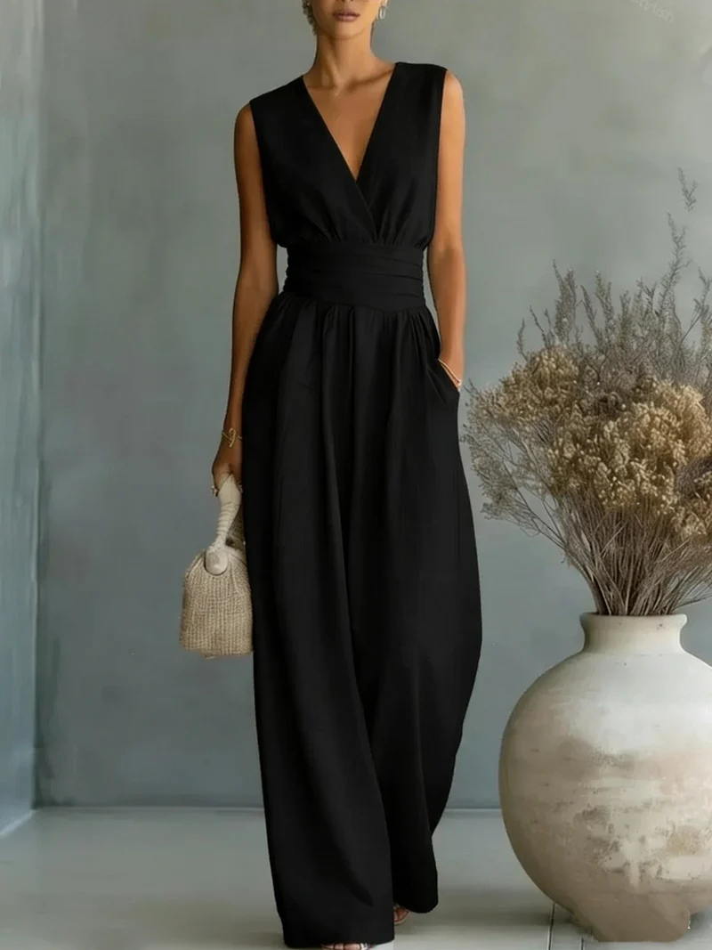 Damen Maxikleid mit V-Ausschnitt und Puffärmeln