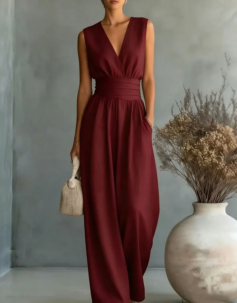 Damen Maxikleid mit V-Ausschnitt und Puffärmeln