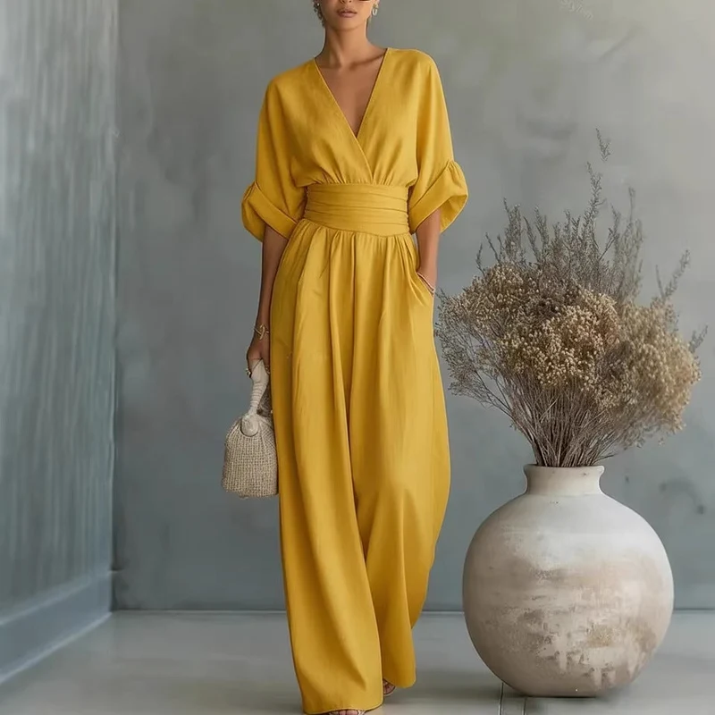 Damen Maxikleid mit V-Ausschnitt und Puffärmeln