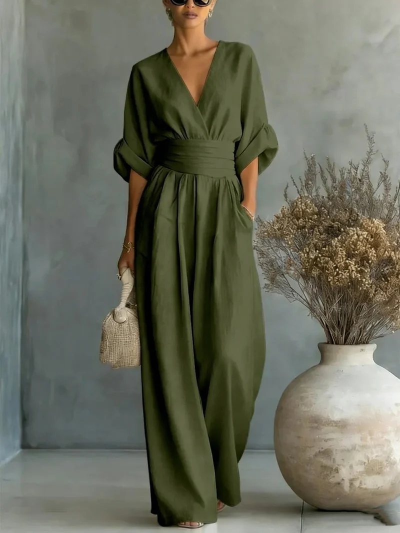 Damen Maxikleid mit V-Ausschnitt und Puffärmeln