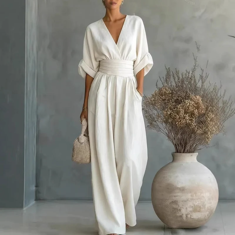 Damen Maxikleid mit V-Ausschnitt und Puffärmeln