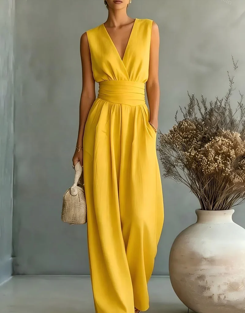 Damen Maxikleid mit V-Ausschnitt und Puffärmeln