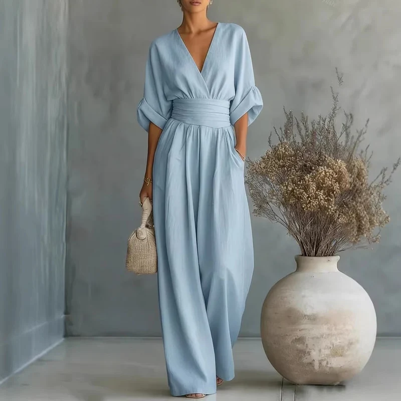 Damen Maxikleid mit V-Ausschnitt und Puffärmeln