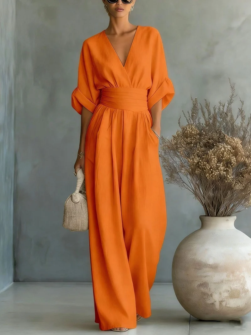 Damen Maxikleid mit V-Ausschnitt und Puffärmeln