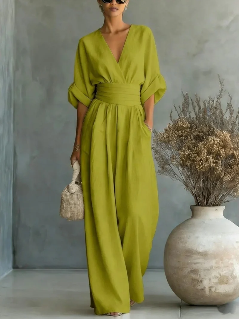 Damen Maxikleid mit V-Ausschnitt und Puffärmeln