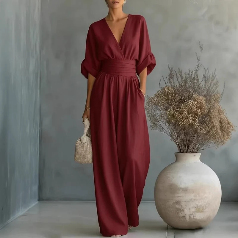 Damen Maxikleid mit V-Ausschnitt und Puffärmeln