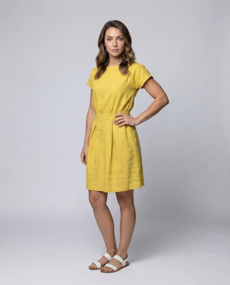 Damen Leinen-Midikleid Elastische Taillenpasse