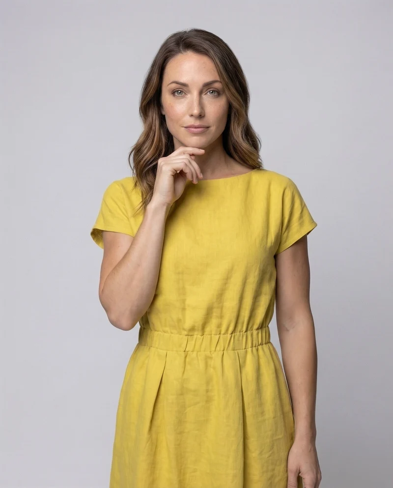 Damen Leinen-Midikleid Elastische Taillenpasse