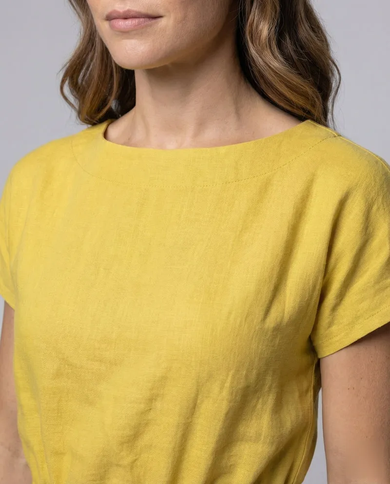 Damen Leinen-Midikleid Elastische Taillenpasse