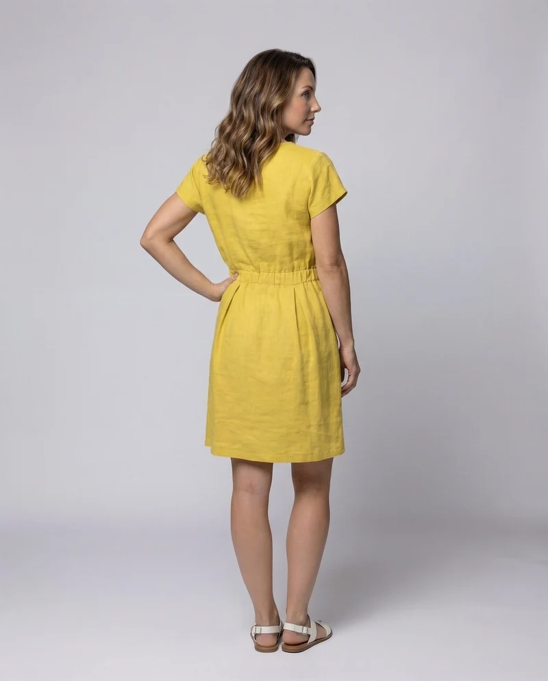 Damen Leinen-Midikleid Elastische Taillenpasse
