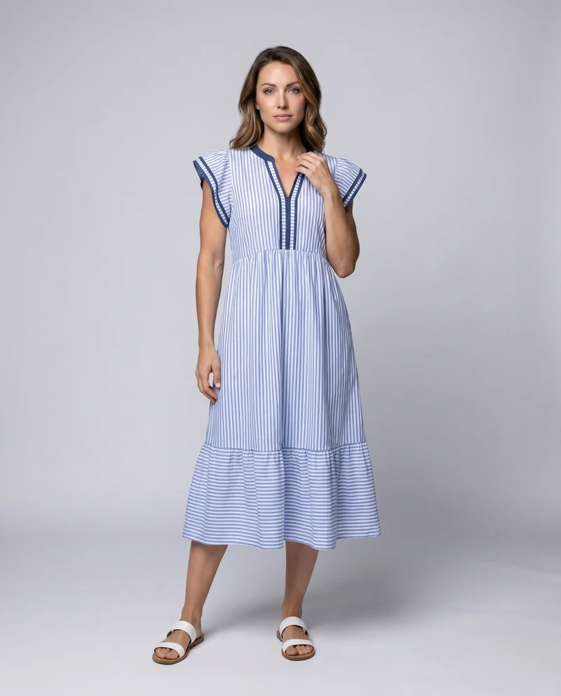 Damen Midi-Kleid mit Volant und eingefasstem V-Ausschnitt