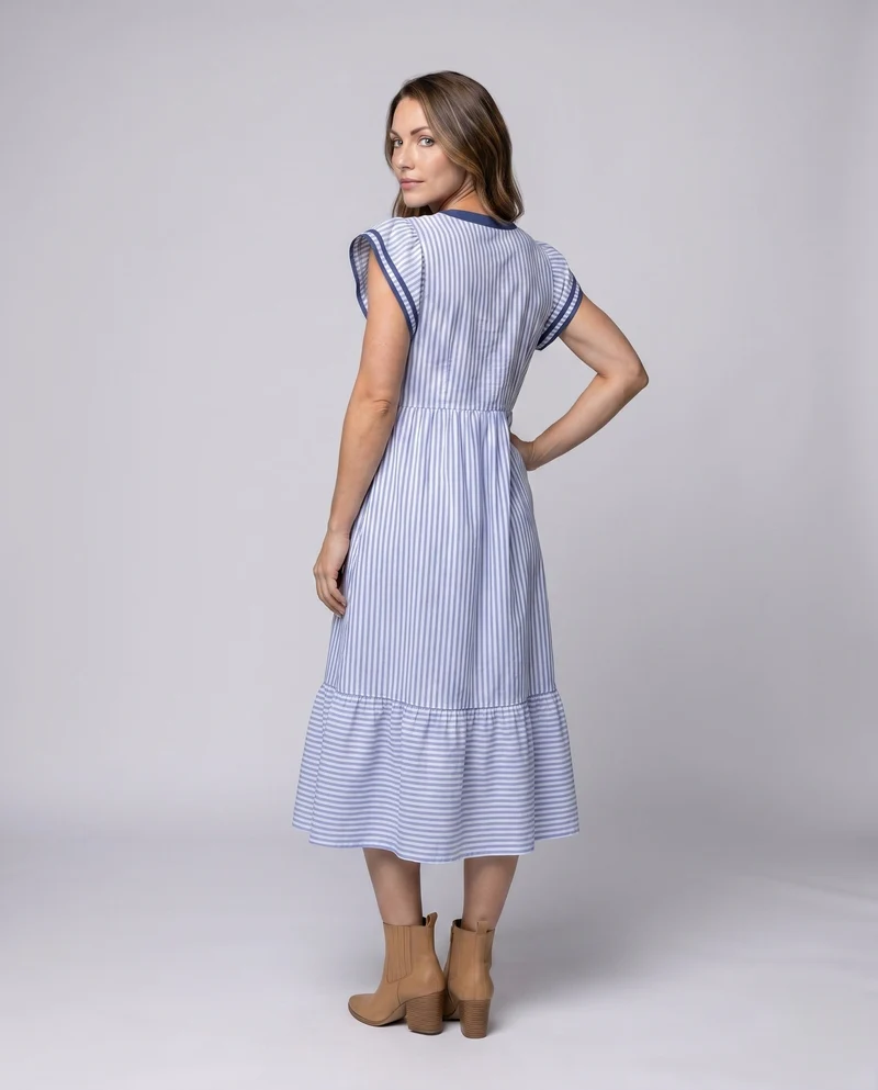Damen Midi-Kleid mit Volant und eingefasstem V-Ausschnitt