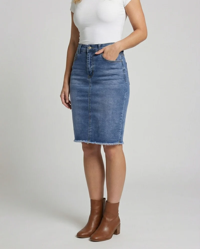 Damen Urbane Roher Fransensaum Denim Bleistiftrock