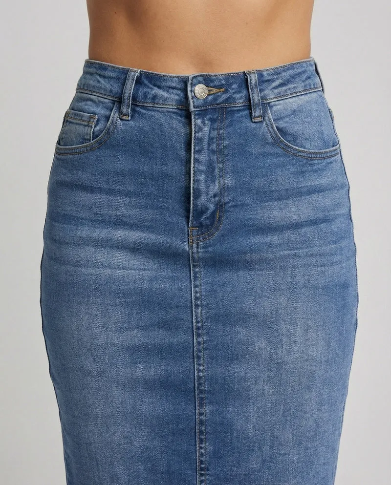 Damen Urbane Roher Fransensaum Denim Bleistiftrock