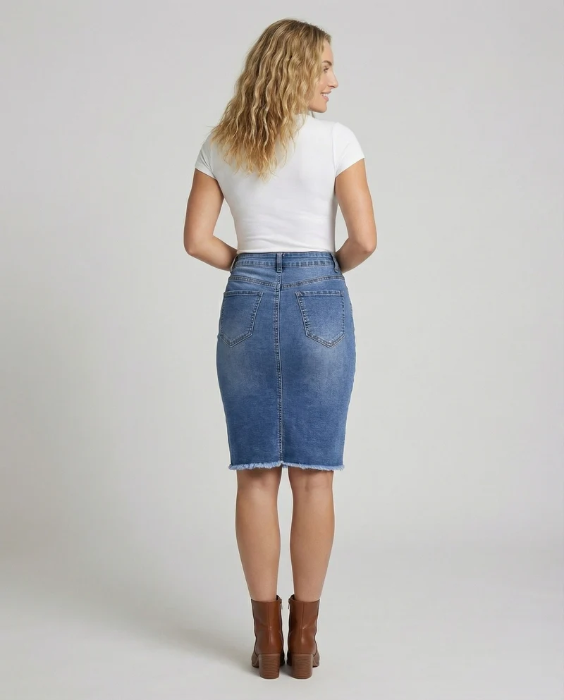 Damen Urbane Roher Fransensaum Denim Bleistiftrock
