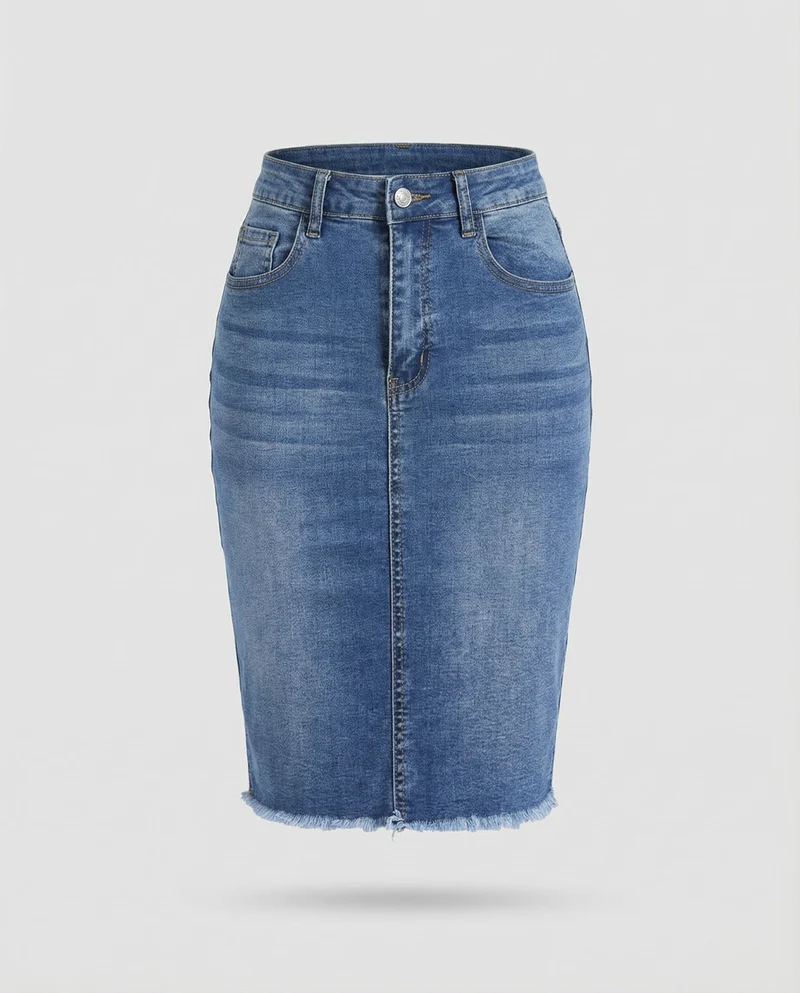 Damen Urbane Roher Fransensaum Denim Bleistiftrock