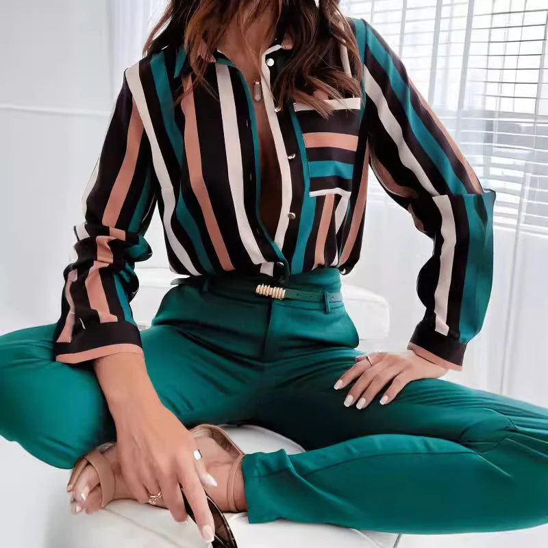 Damen Button-Up Streifenbluse mit Kontrasttaschen Nord Taschen