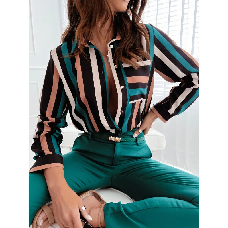 Damen Button-Up Streifenbluse mit Kontrasttaschen Nord Taschen