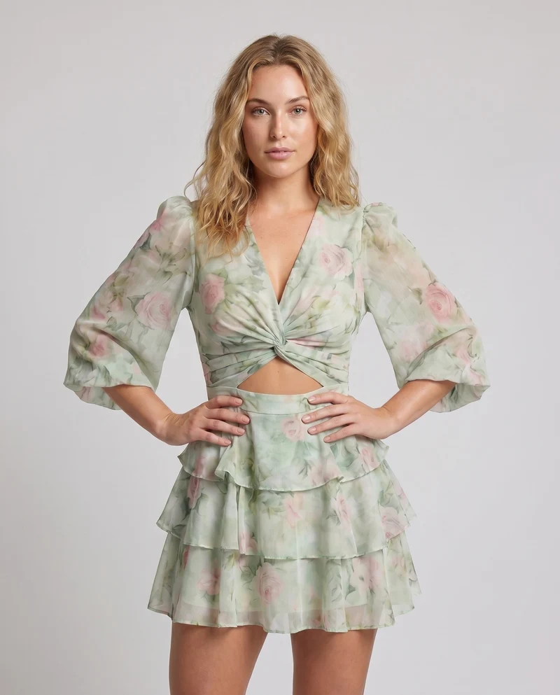 Damen Verspieltes Wickelkleid mit voluminösen Ärmeln und frischem Blumenmuster Nord Taschen