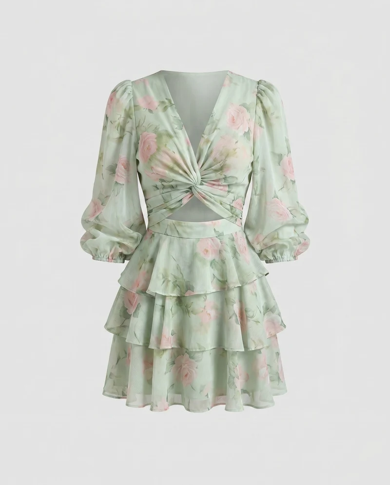 Damen Verspieltes Wickelkleid mit voluminösen Ärmeln und frischem Blumenmuster Nord Taschen