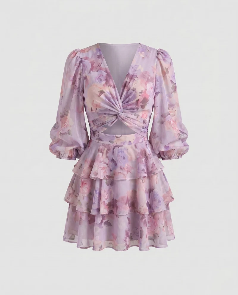 Damen Verspieltes Wickelkleid mit voluminösen Ärmeln und frischem Blumenmuster Nord Taschen