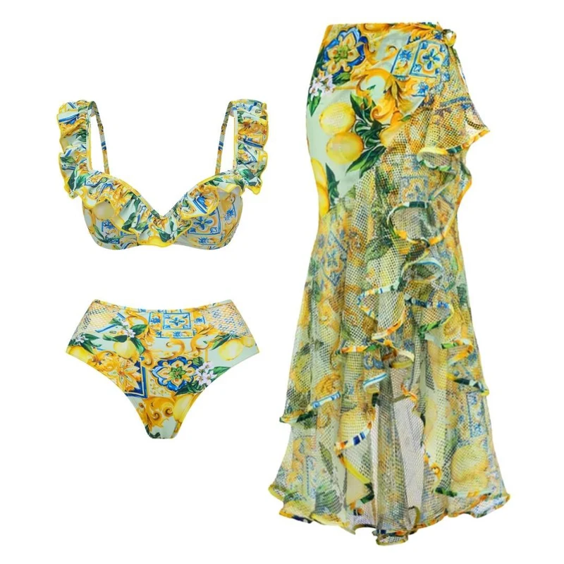 Damen Bikiniset mit elegantem Rüschendesign und maxi Rock